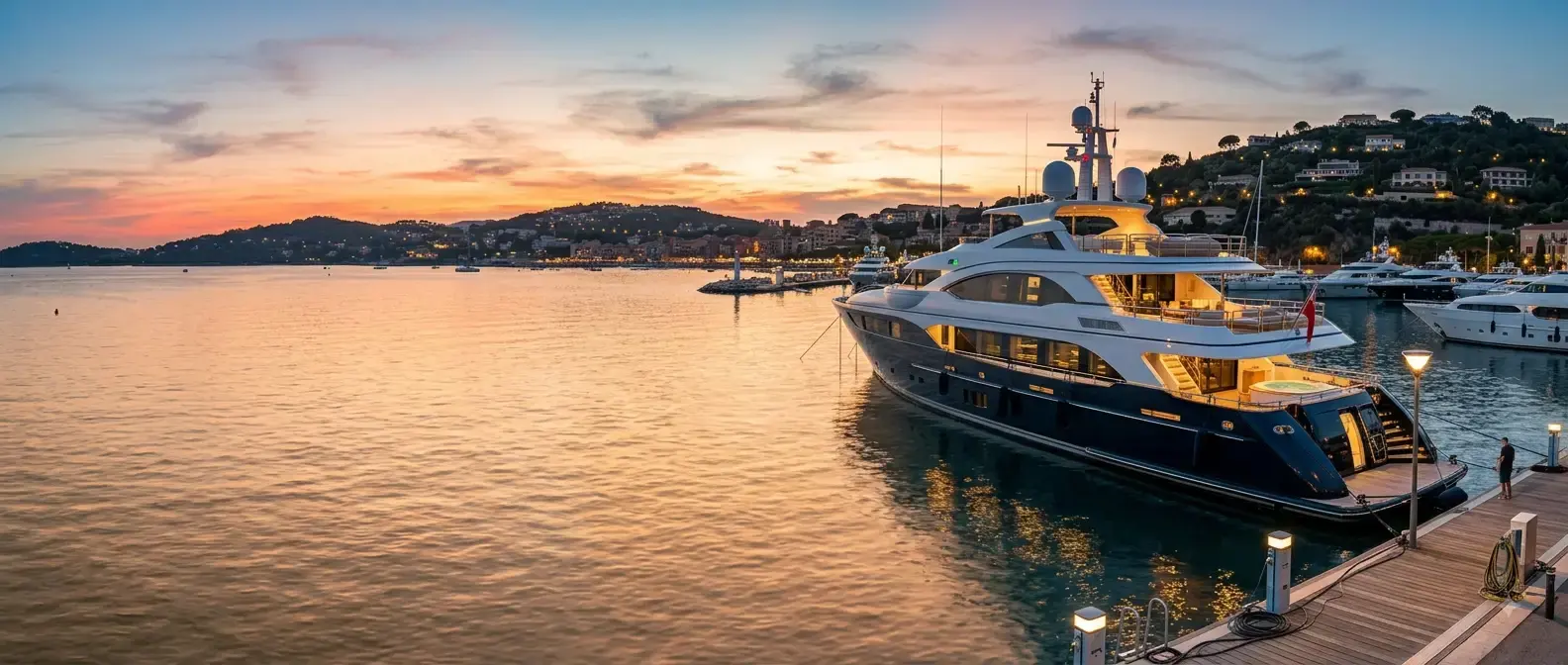 Luxury yacht docked at sunset