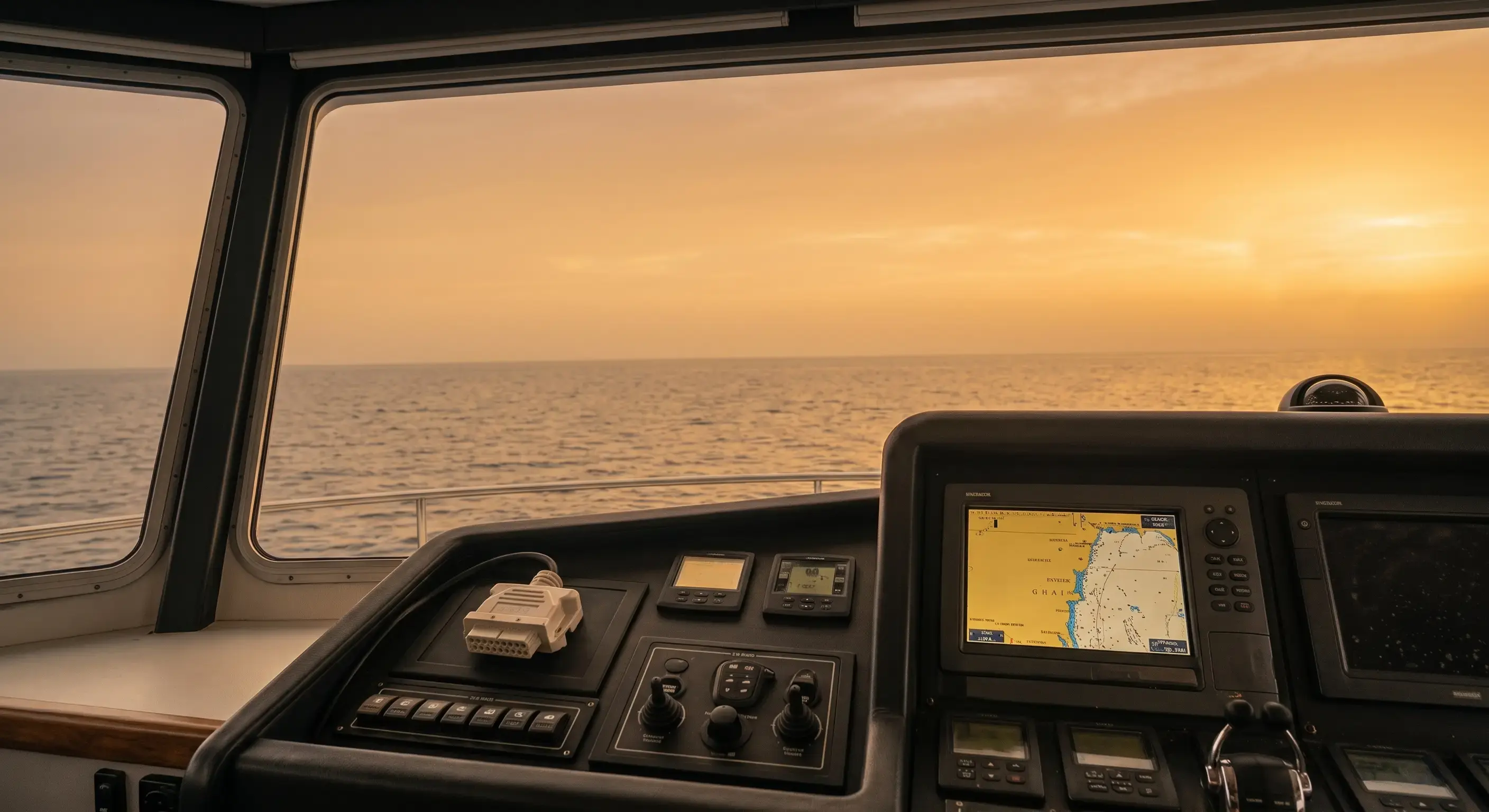 Boat helm and electronics overlooking the ocean at sunset